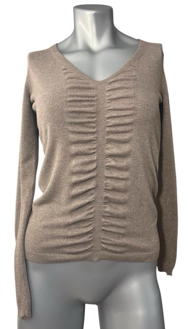 Express Women’s V-neck Long Sleeve Beige Sweater Ruched Small Brown Classic